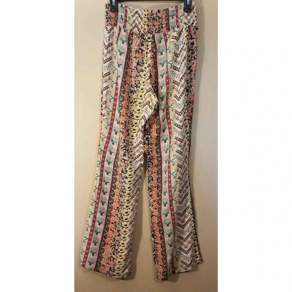 Oneill Pants Women L Large Wide Leg Floral Smocked Pullon Boho‎ Beachy Resort - Picture 6 of 6